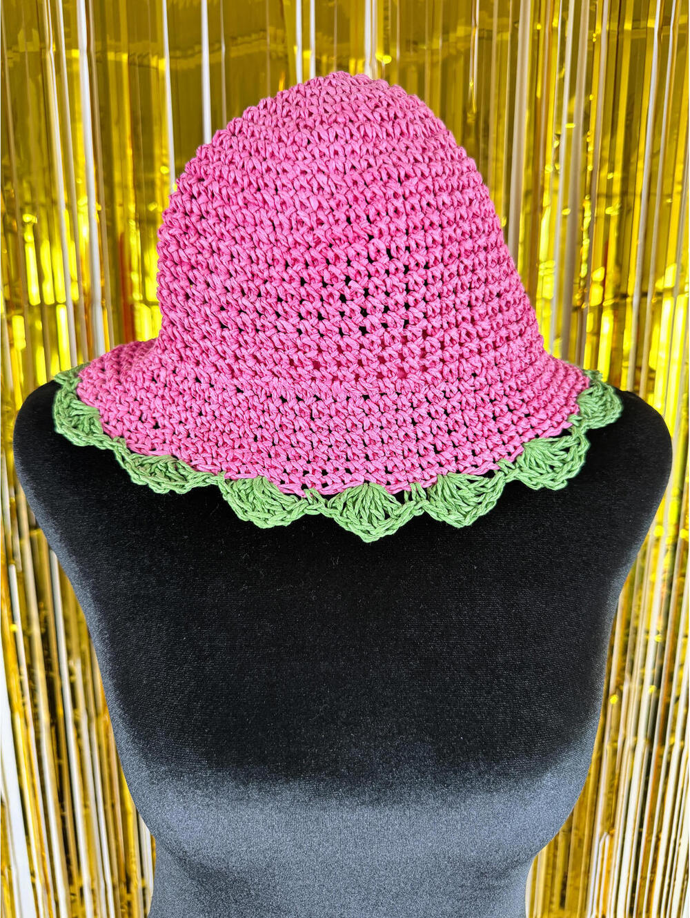 Crochet‎ Bucket Hat Pink Green Knit Hat Summer Boho - Picture 2 of 4